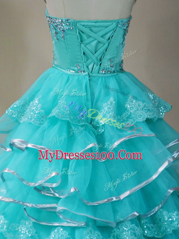 A-line Dress for Prom Aqua Blue Sweetheart Organza Sleeveless High Low Lace Up