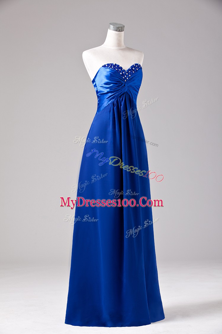 Beading and Ruching Dress for Prom Royal Blue Lace Up Sleeveless Floor Length