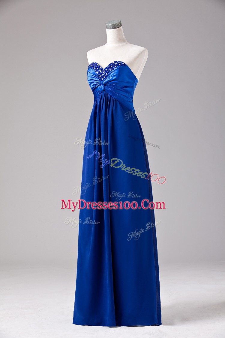 Beading and Ruching Dress for Prom Royal Blue Lace Up Sleeveless Floor Length
