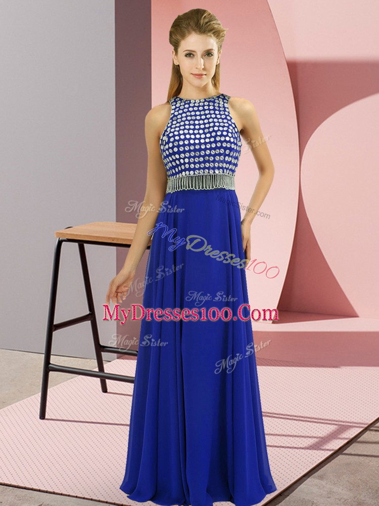 Fashionable Royal Blue Sleeveless Beading Prom Gown
