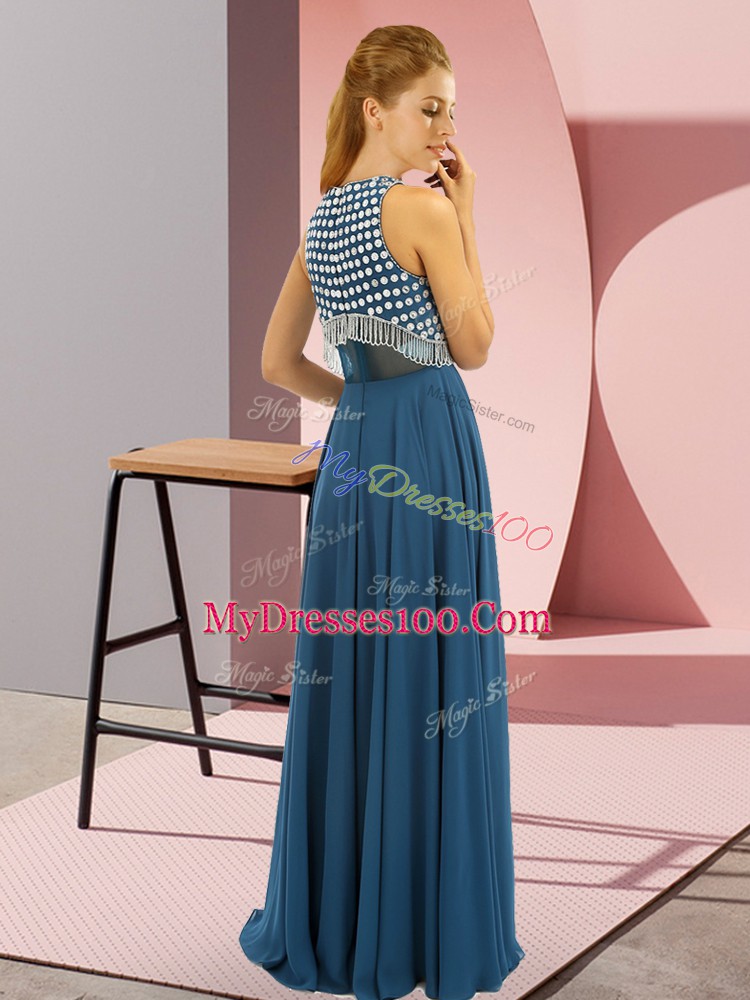 Fashionable Royal Blue Sleeveless Beading Prom Gown