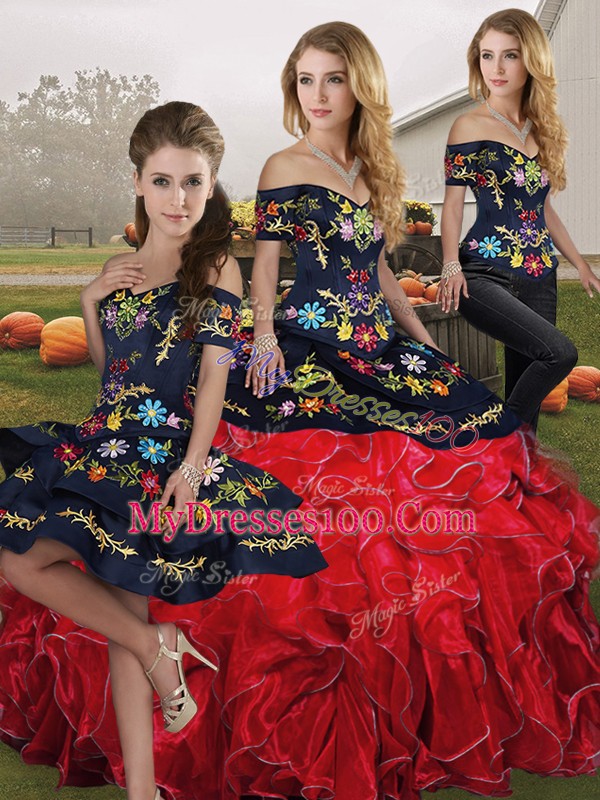 Red And Black Three Pieces Off The Shoulder Sleeveless Organza Floor Length Lace Up Embroidery and Ruffles Quince Ball Gowns