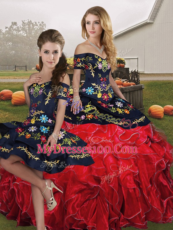Red And Black Three Pieces Off The Shoulder Sleeveless Organza Floor Length Lace Up Embroidery and Ruffles Quince Ball Gowns