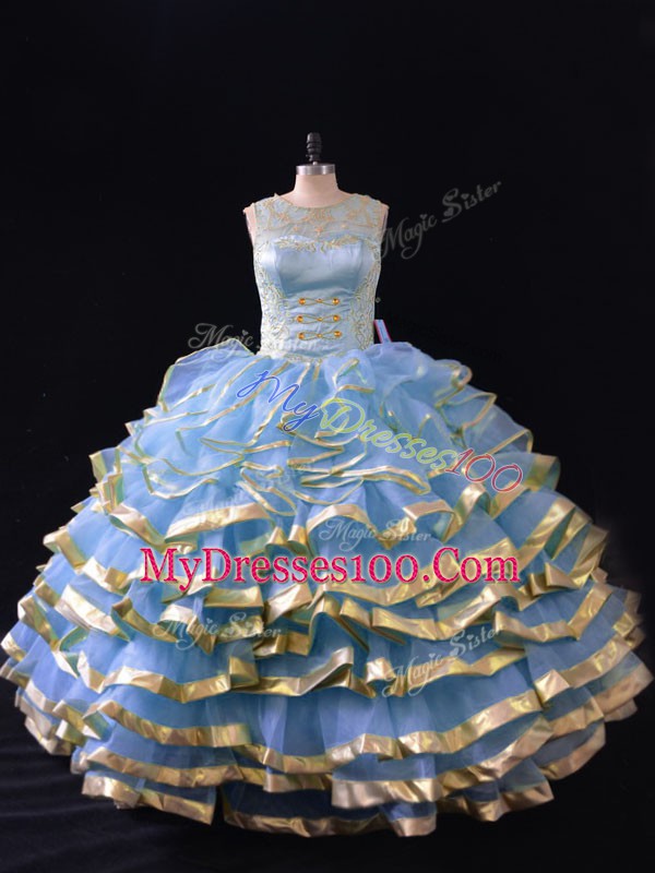 Eye-catching Blue Sleeveless Organza Lace Up Sweet 16 Dresses for Sweet 16 and Quinceanera