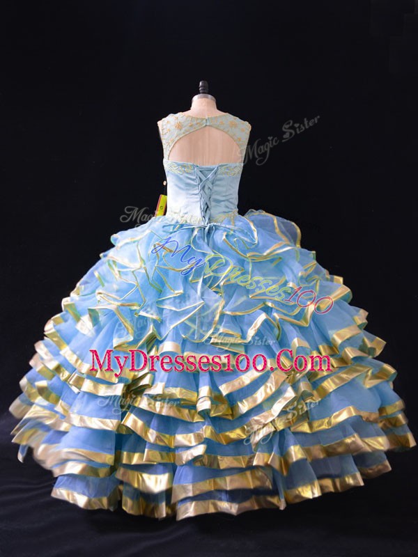 Eye-catching Blue Sleeveless Organza Lace Up Sweet 16 Dresses for Sweet 16 and Quinceanera
