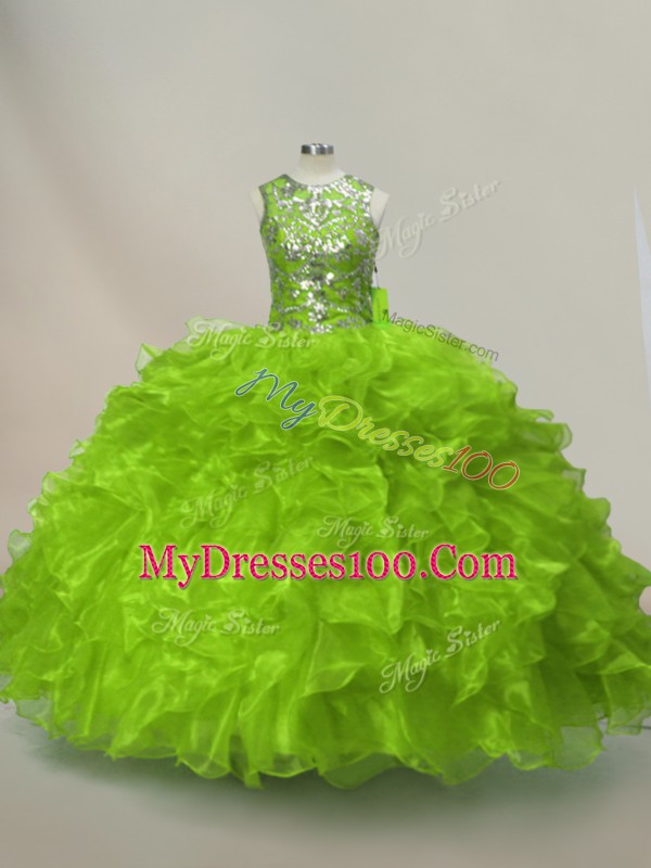 Fashionable Green Lace Up Vestidos de Quinceanera Ruffles and Sequins Sleeveless Floor Length