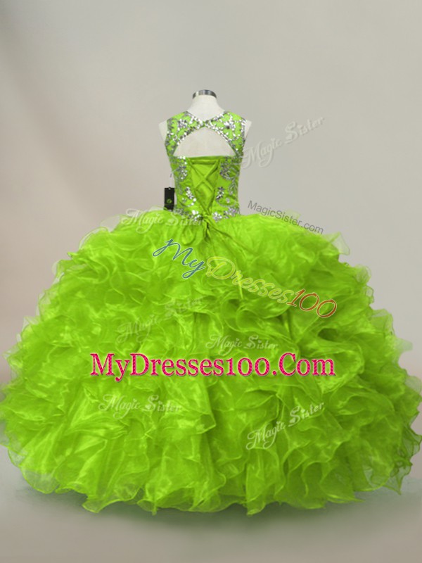 Fashionable Green Lace Up Vestidos de Quinceanera Ruffles and Sequins Sleeveless Floor Length
