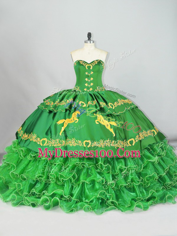 Brush Train Ball Gowns Sweet 16 Quinceanera Dress Green Sweetheart Satin and Organza Sleeveless Lace Up