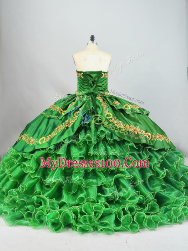 Brush Train Ball Gowns Sweet 16 Quinceanera Dress Green Sweetheart Satin and Organza Sleeveless Lace Up