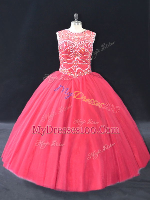 Best Selling Coral Red Ball Gowns Scoop Long Sleeves Tulle Floor Length Lace Up Beading Quinceanera Dress