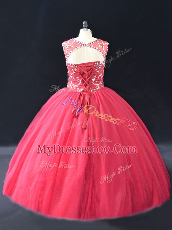 Best Selling Coral Red Ball Gowns Scoop Long Sleeves Tulle Floor Length Lace Up Beading Quinceanera Dress