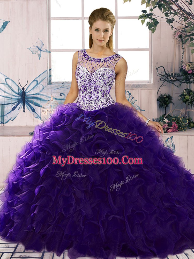 Best Sleeveless Beading and Ruffles Lace Up Quince Ball Gowns