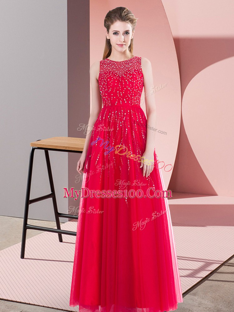 Spectacular Sleeveless Floor Length Beading Side Zipper with Coral Red