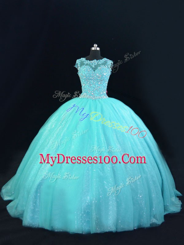 Beading and Lace Quinceanera Dresses Aqua Blue Lace Up Sleeveless Floor Length