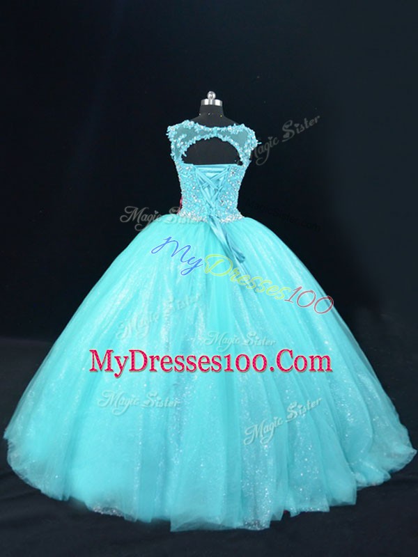 Beading and Lace Quinceanera Dresses Aqua Blue Lace Up Sleeveless Floor Length
