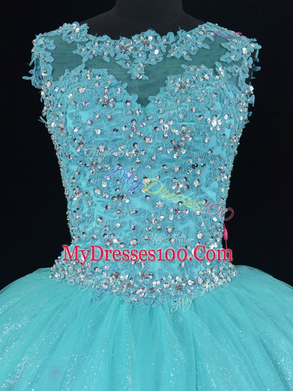 Beading and Lace Quinceanera Dresses Aqua Blue Lace Up Sleeveless Floor Length