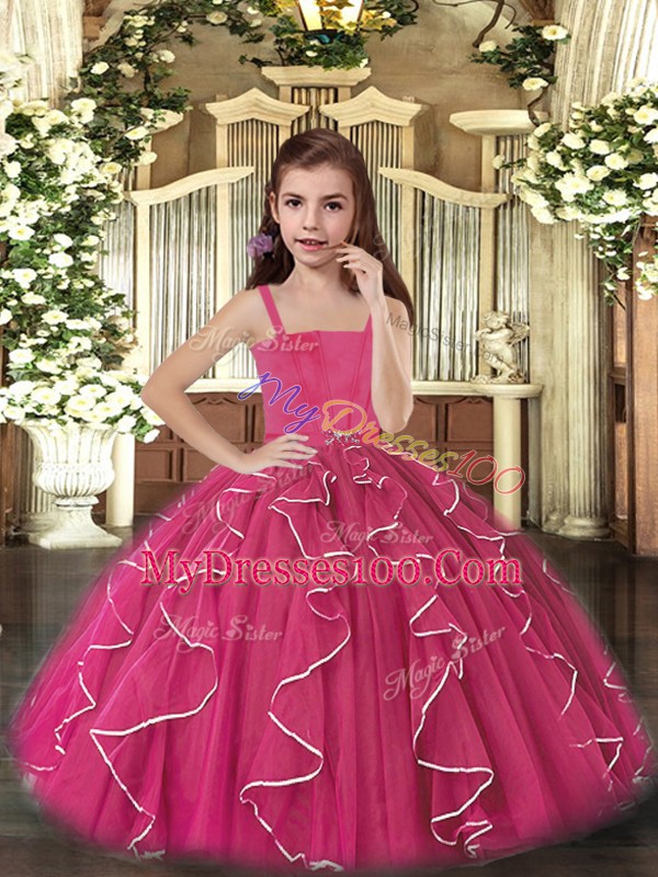 Nice Fuchsia Ball Gowns Ruffles Little Girls Pageant Dress Wholesale Lace Up Tulle Sleeveless Floor Length