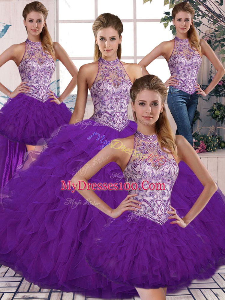 Super Purple Ball Gowns Tulle Halter Top Sleeveless Beading and Ruffles Floor Length Lace Up 15th Birthday Dress