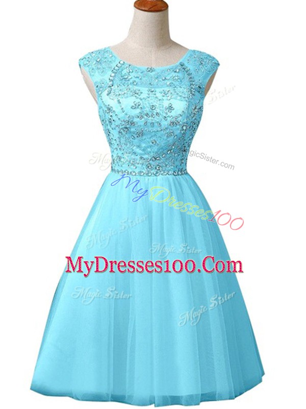 Exceptional A-line Dress for Prom Baby Blue Scoop Tulle Sleeveless Mini Length Zipper