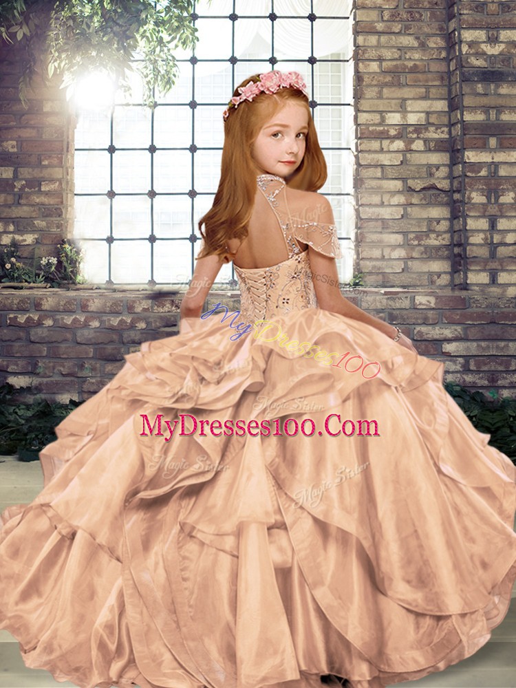 Fantastic Organza Sleeveless Floor Length Little Girls Pageant Dress and Beading and Ruffles