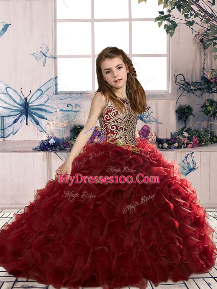 Wine Red Organza Lace Up Scoop Sleeveless Floor Length Girls Pageant Dresses Beading and Ruffles