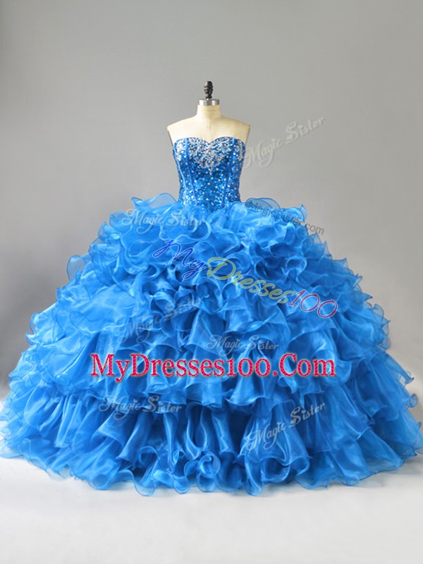 Luxurious Blue Sweetheart Lace Up Beading and Ruffles and Sequins Quinceanera Gown Sleeveless