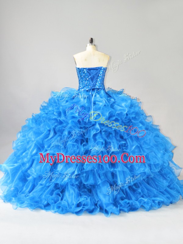 Luxurious Blue Sweetheart Lace Up Beading and Ruffles and Sequins Quinceanera Gown Sleeveless