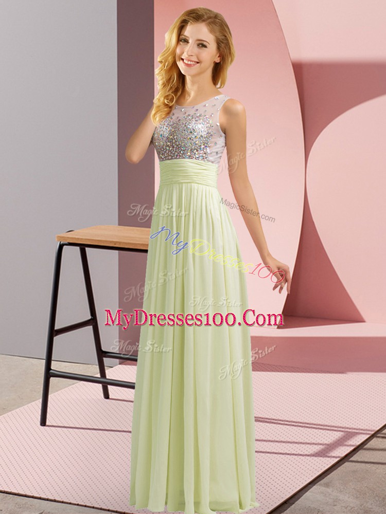 Exquisite Scoop Sleeveless Bridesmaids Dress Floor Length Beading Light Yellow Chiffon