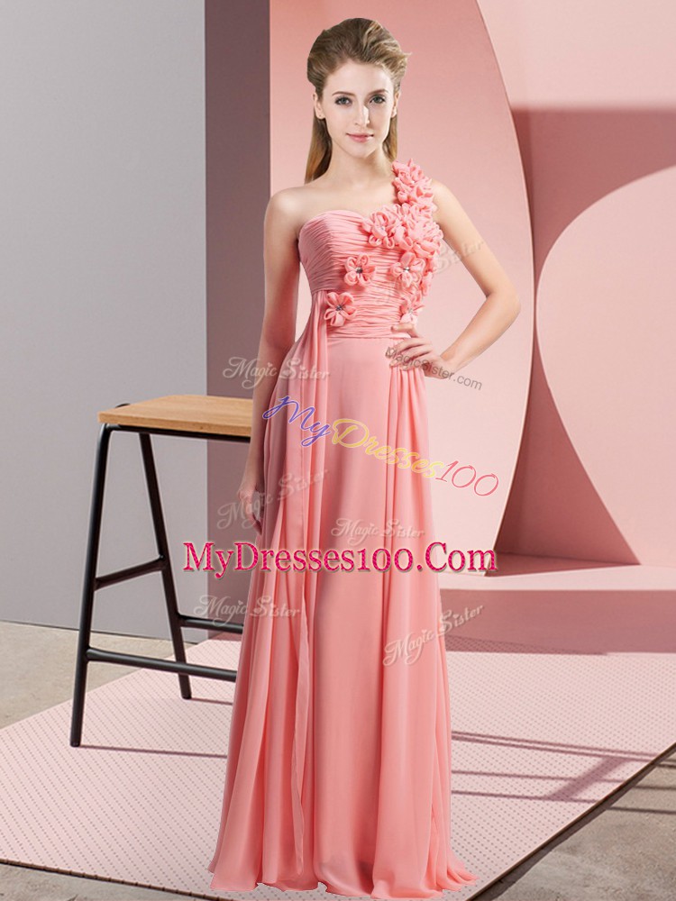 Classical Watermelon Red Quinceanera Dama Dress Wedding Party with Hand Made Flower One Shoulder Sleeveless Lace Up