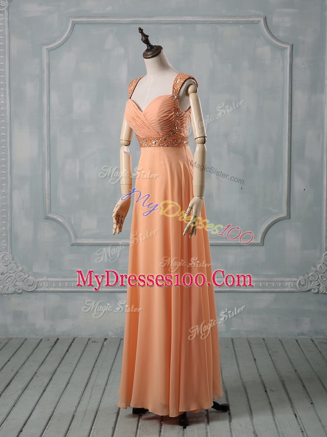 Sleeveless Criss Cross Floor Length Beading and Ruching Prom Evening Gown