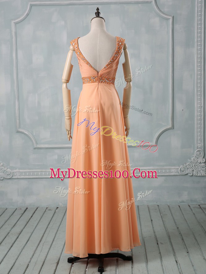 Sleeveless Criss Cross Floor Length Beading and Ruching Prom Evening Gown