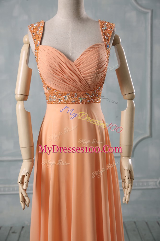 Sleeveless Criss Cross Floor Length Beading and Ruching Prom Evening Gown