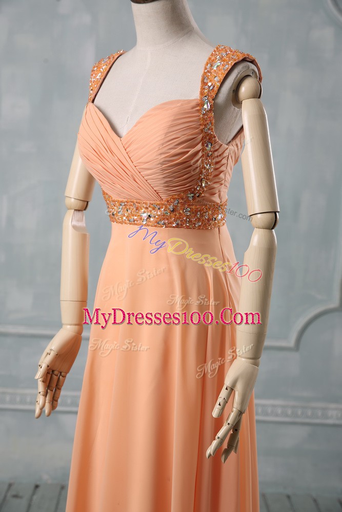 Sleeveless Criss Cross Floor Length Beading and Ruching Prom Evening Gown