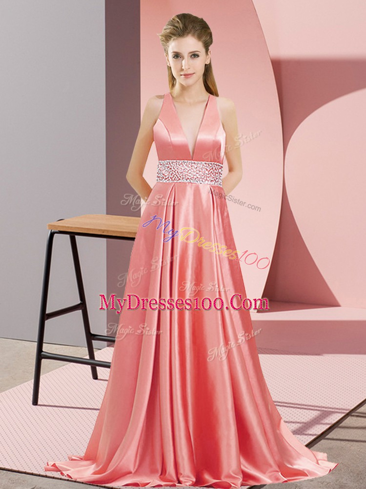 Flare Watermelon Red Prom Dress Elastic Woven Satin Brush Train Sleeveless Beading