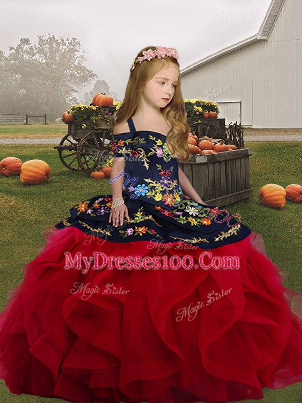 Floor Length Ball Gowns Sleeveless Red Child Pageant Dress Lace Up