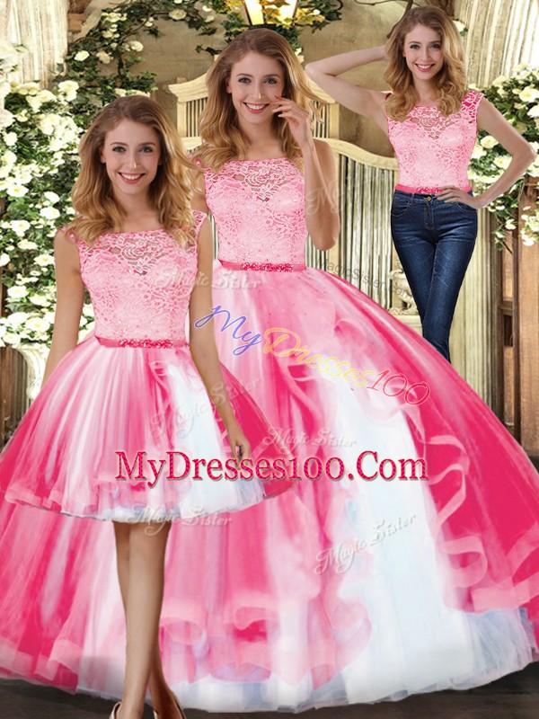 Hot Pink Scoop Clasp Handle Lace and Ruffles Quinceanera Dress Sleeveless