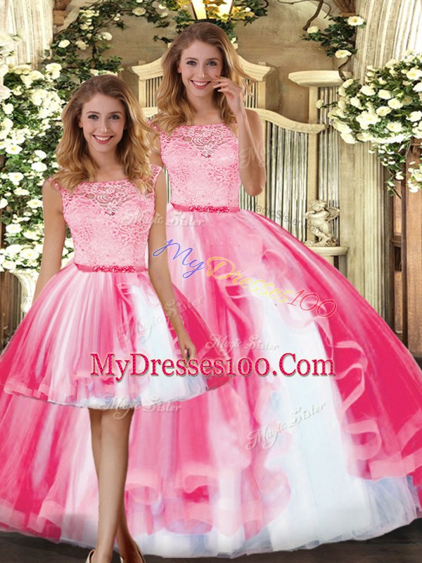 Hot Pink Scoop Clasp Handle Lace and Ruffles Quinceanera Dress Sleeveless