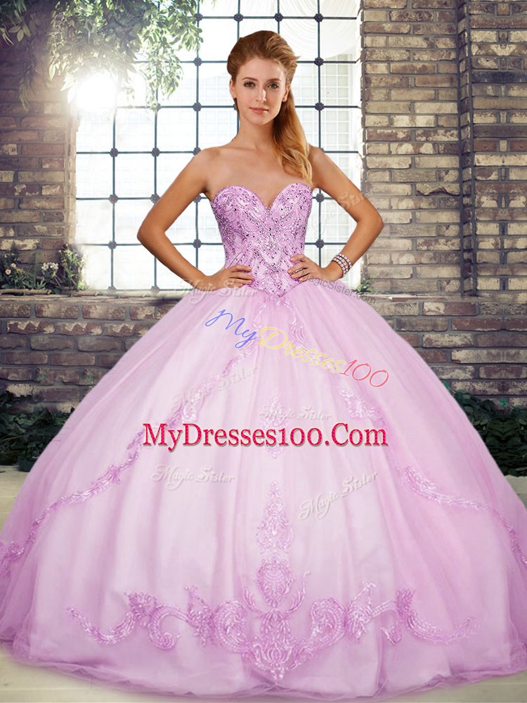 High Class Sleeveless Floor Length Beading and Embroidery Lace Up Quinceanera Dresses with Lilac