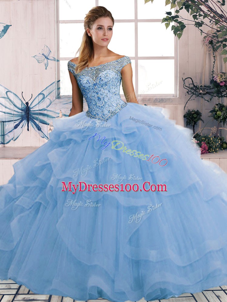 Captivating Ball Gowns 15th Birthday Dress Blue Off The Shoulder Tulle Sleeveless Floor Length Lace Up