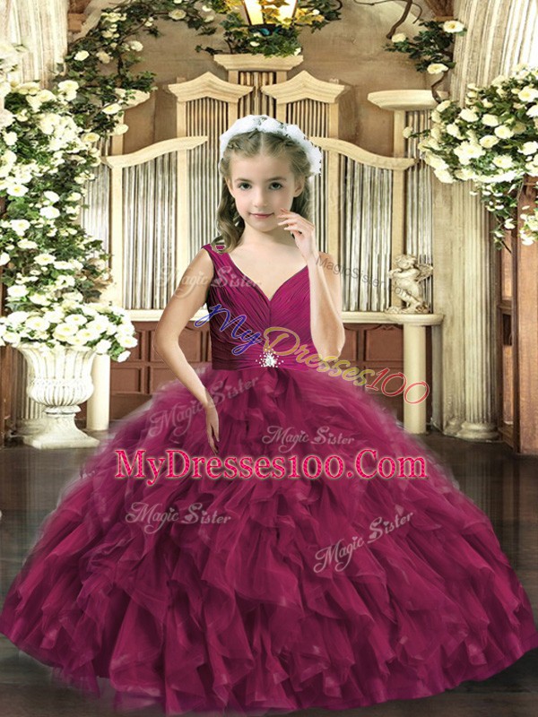 Beading and Ruffles Little Girls Pageant Dress Wholesale Burgundy Backless Sleeveless Floor Length