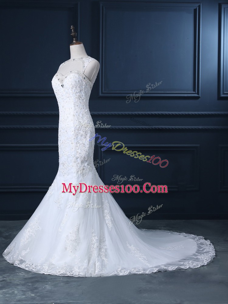 Captivating White Scoop Backless Beading and Lace Wedding Dress Brush Train Sleeveless