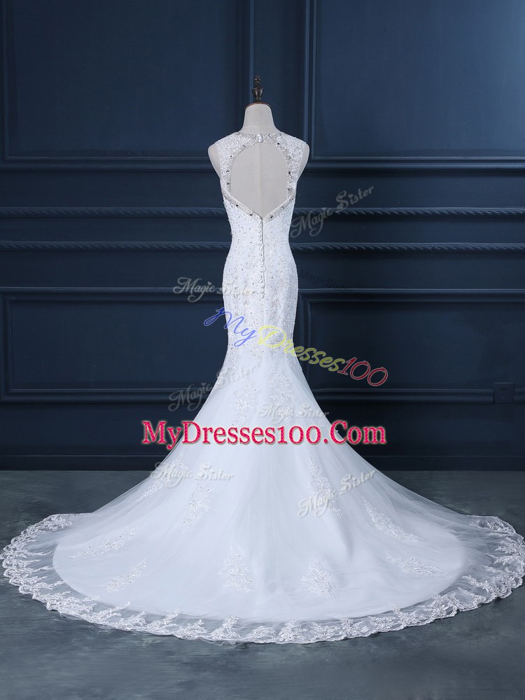 Captivating White Scoop Backless Beading and Lace Wedding Dress Brush Train Sleeveless