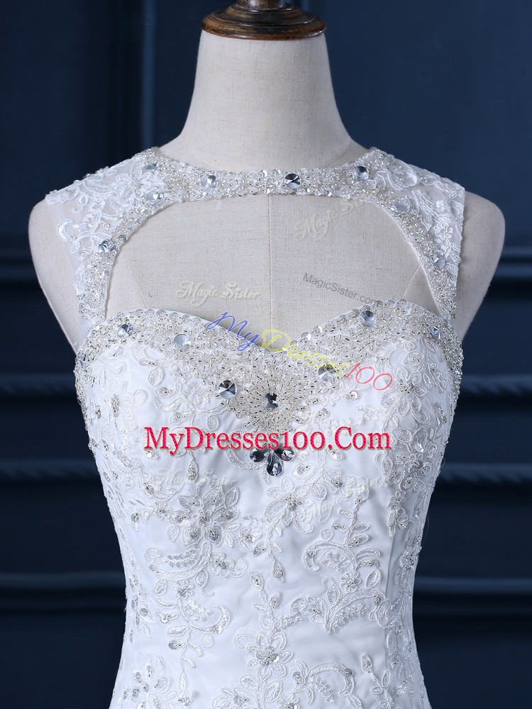 Captivating White Scoop Backless Beading and Lace Wedding Dress Brush Train Sleeveless