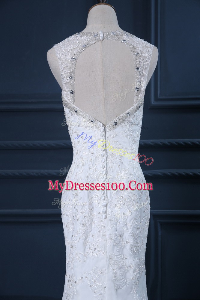 Captivating White Scoop Backless Beading and Lace Wedding Dress Brush Train Sleeveless