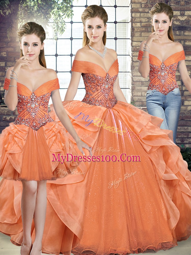 Orange Organza Lace Up 15th Birthday Dress Sleeveless Floor Length Beading and Ruffles