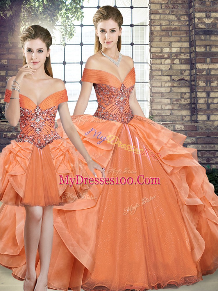 Orange Organza Lace Up 15th Birthday Dress Sleeveless Floor Length Beading and Ruffles