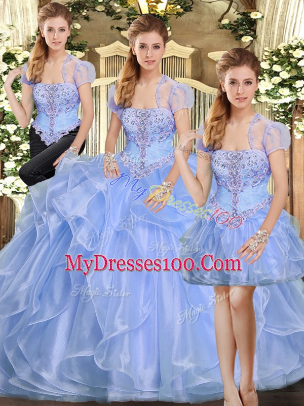 Lavender Vestidos de Quinceanera Military Ball and Sweet 16 and Quinceanera with Beading and Ruffles Strapless Sleeveless Lace Up