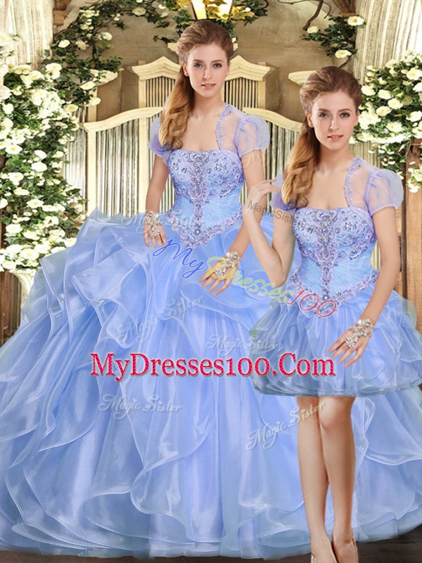 Lavender Vestidos de Quinceanera Military Ball and Sweet 16 and Quinceanera with Beading and Ruffles Strapless Sleeveless Lace Up