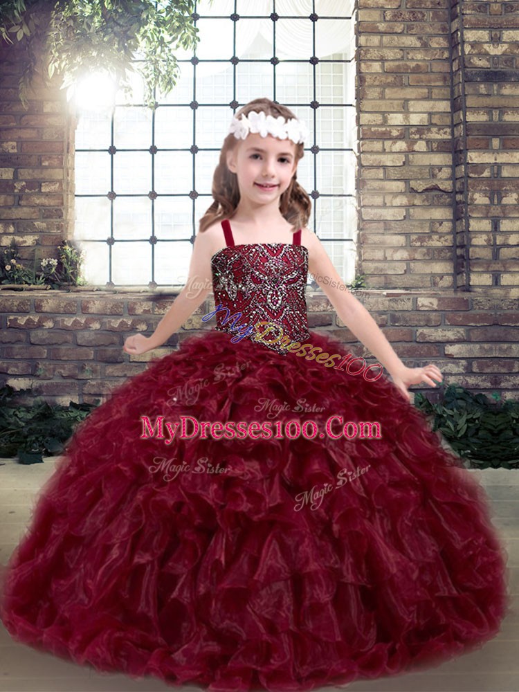 Floor Length Burgundy Little Girls Pageant Dress Wholesale Organza Sleeveless Beading and Ruffles