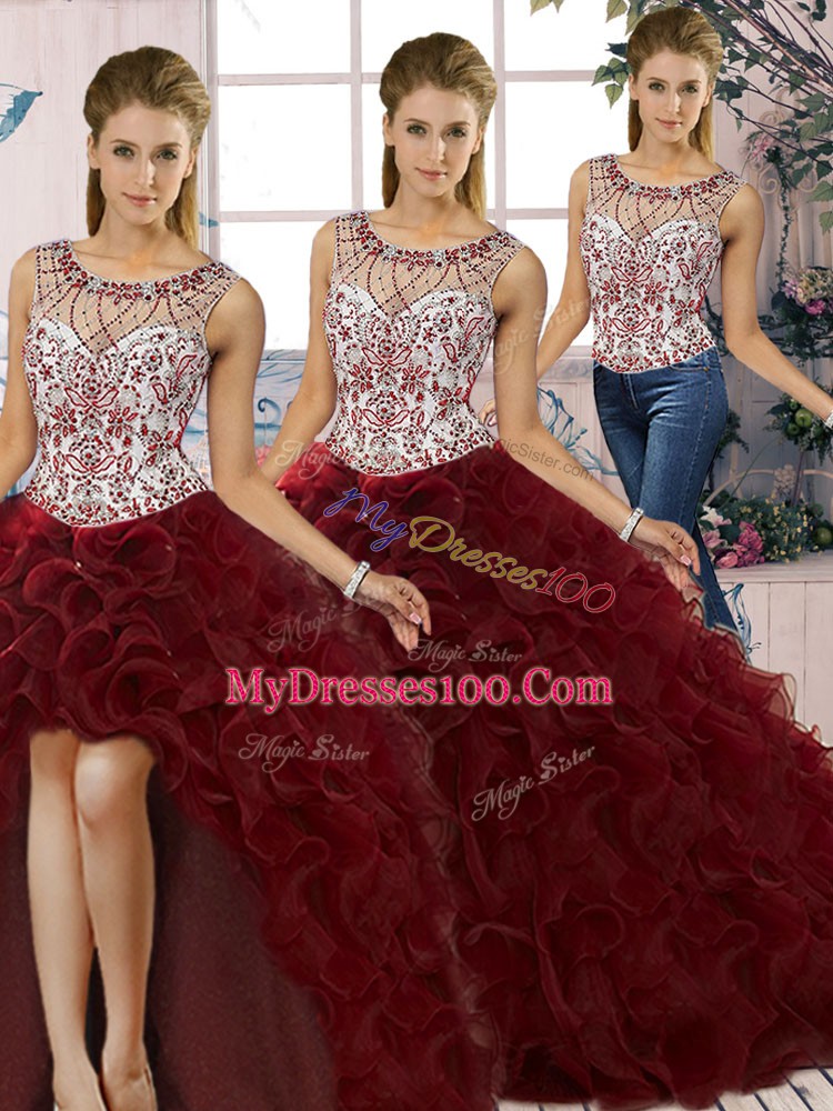 Hot Sale Burgundy Sleeveless Floor Length Beading and Ruffles Lace Up 15th Birthday Dress